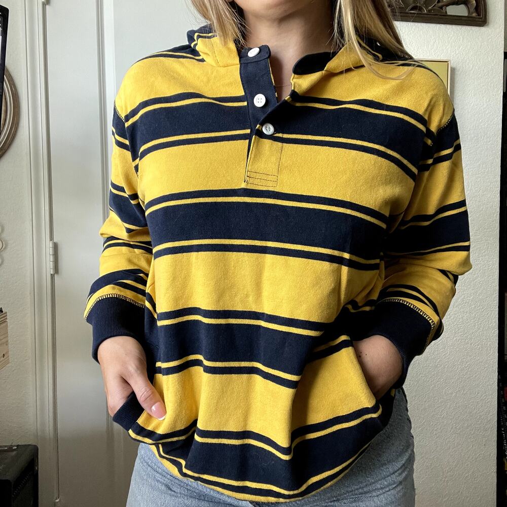 Y2K Gap Kids Yellow Navy Stripe Sweatshirt Rugby Hoodie Sz L(12) NEW